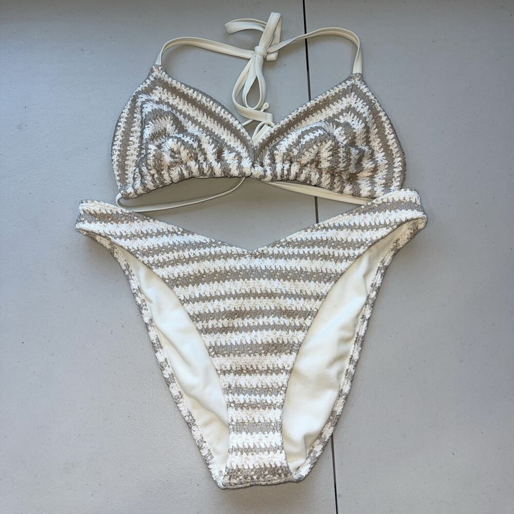 Hollister Crochet Bikini Set - XL Triangle Top - Medium Bottom - Beige Striped